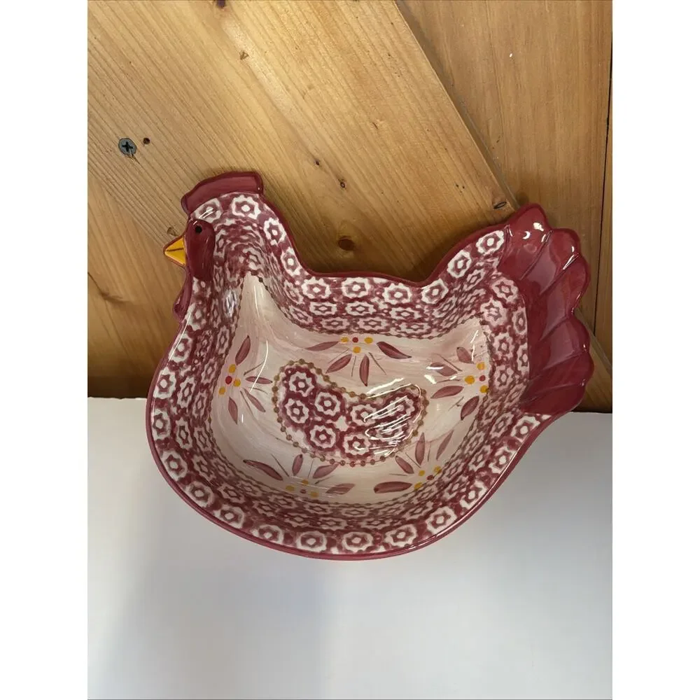 Temp-tations Old World Red Chicken Hen Bowl Stoneware Ovenware Farmhouse 0.5 Qt